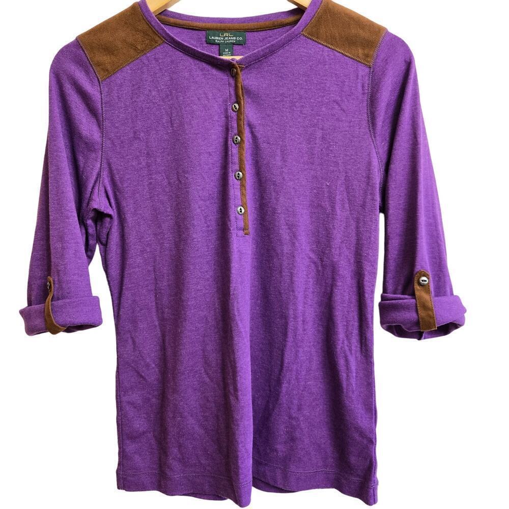 Lauren Ralph Lauren Womens Henley Top Size M Purple Faux Leather Equestrian Boho